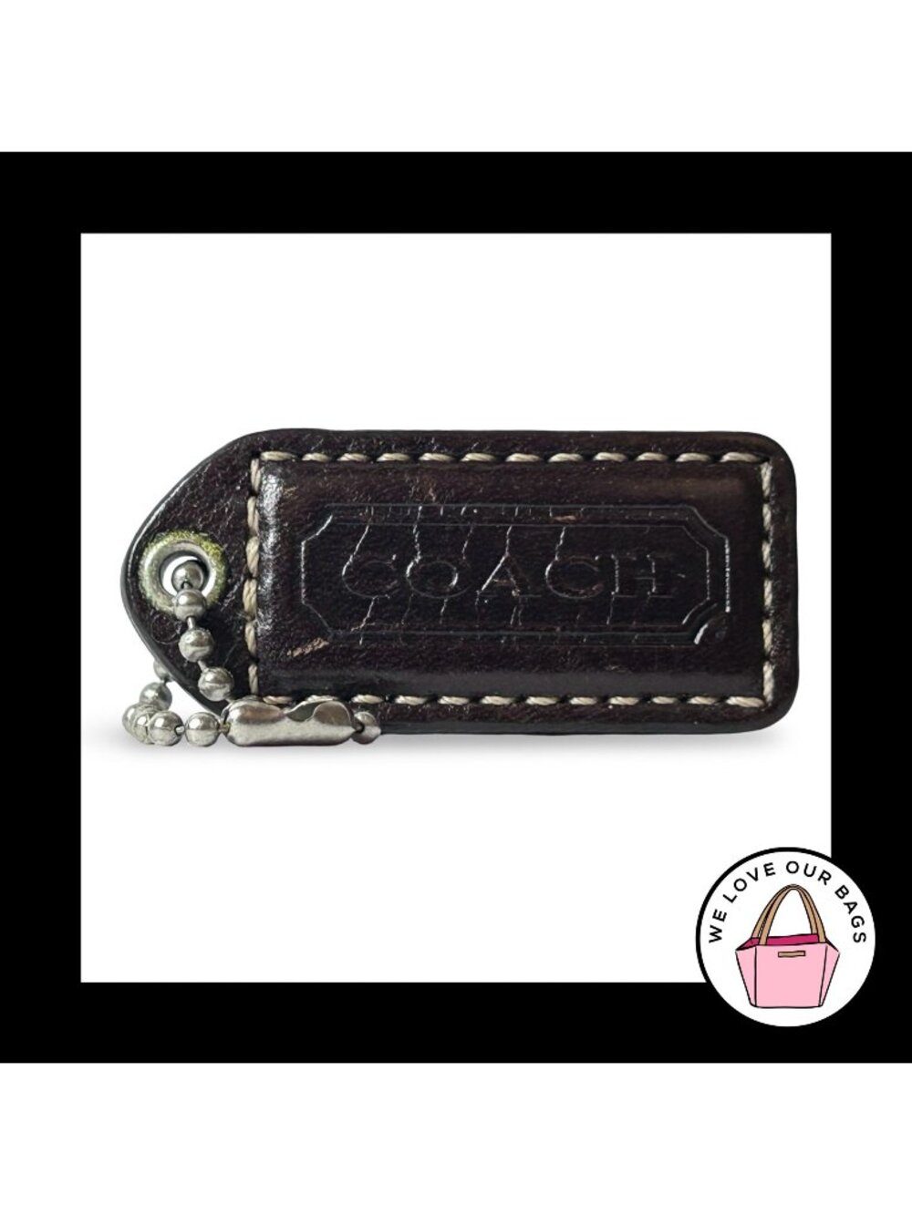 COACH Y2K VINTAGE Hang Tag 2" Dark Brown Leather Nickel Bag Charm Keychain Fob